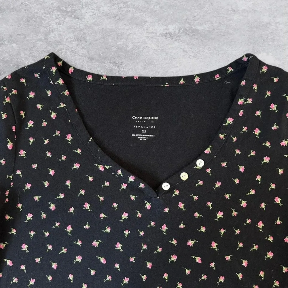 Charter Club Intimates Womens Black and Pink Floral Henley‎ Nightgown
